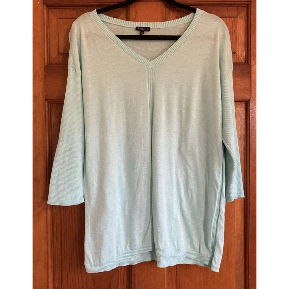 Talbots Womens Petite L Sweater Green Knit Cotton V Neck 3/4 Sleeve Laganlook